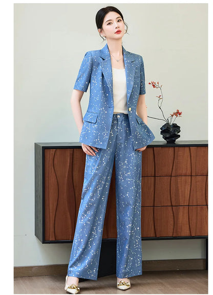 Fashion Blue Yellow Short Sleeve Professional Suit Women New Summer Elegant Formal Slim Blazer And Pants Office Ladies Work Wear