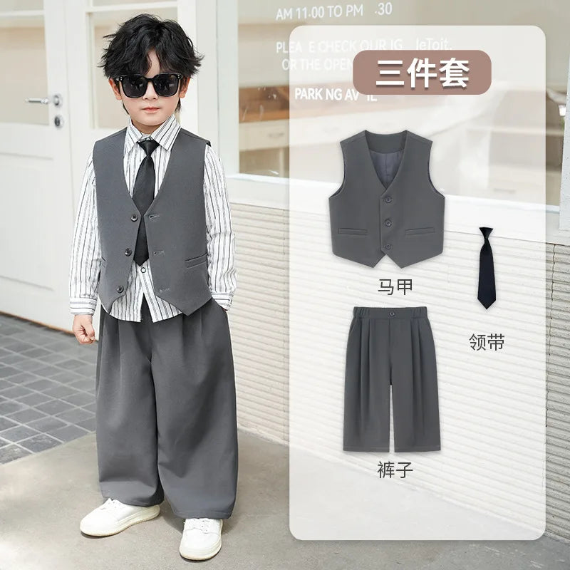 School Boys Double Breasted Blazer Suit Set with Wide Leg Pants Formal Streetwear Outfit for Kids Toddlers Wedding Birthday Part