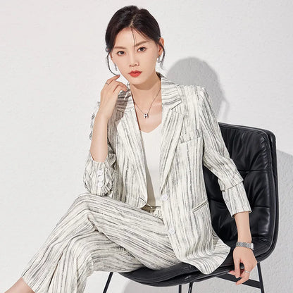 Fashion Women Striped Pants Suit New Spring Business Formal Slim Long Sleeve Thin Blazer and Trousers Office Ladies Work Wear