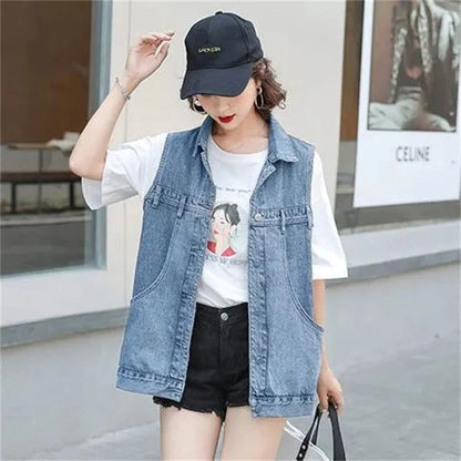 2025 Spring Summer new Fashion V-Neck Denim Vest Women Short Sleeveless Jacket Casual Single-Breasted Jean Waistcoat Female