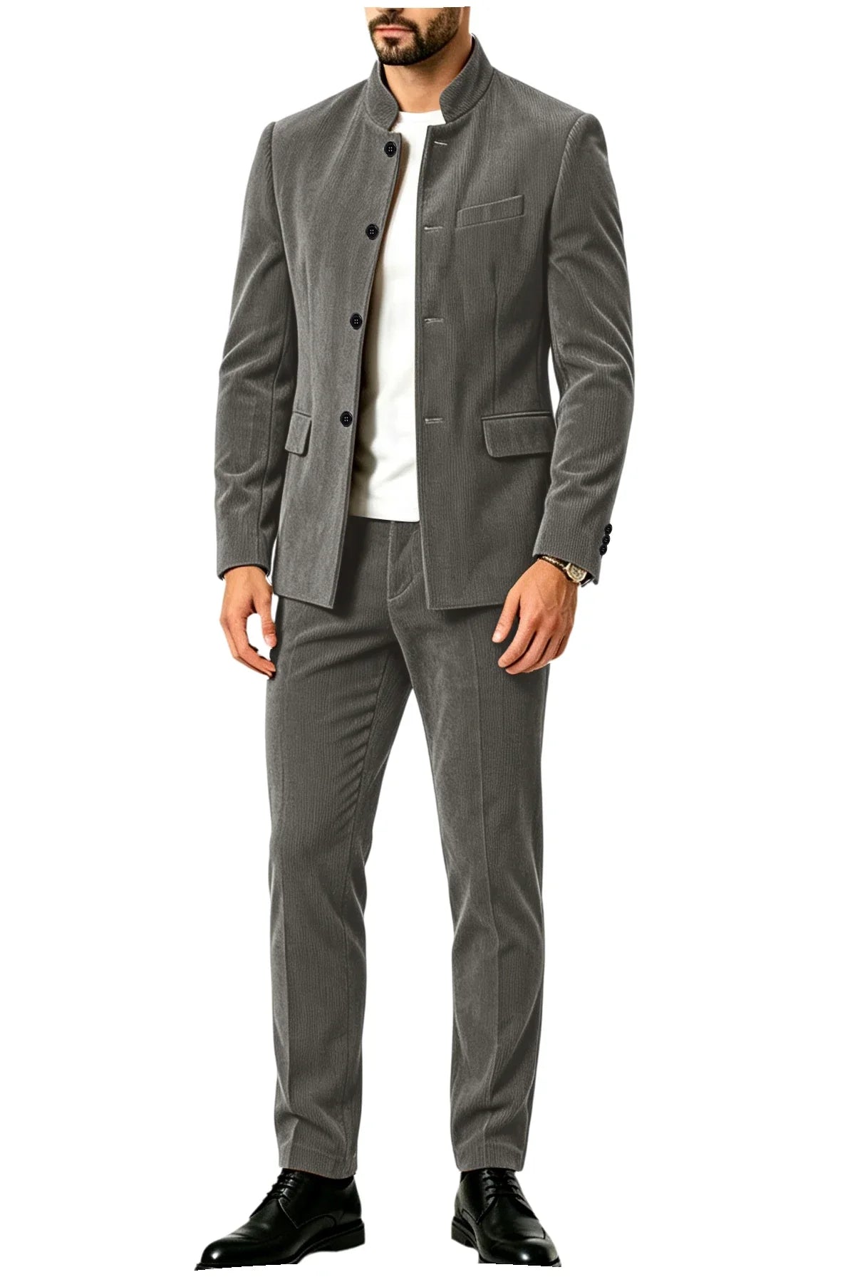 Men's Corduroy 2-Piece Suit – Mandarin Collar Single Breasted Blazer & Pants for Business & Formal Occasions