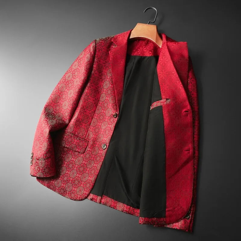 Luxury Vintage Jacquard Suit Jacket Men High Quality Casual Business Social Formal Jackets Banquet Party Host Wedding Blazers