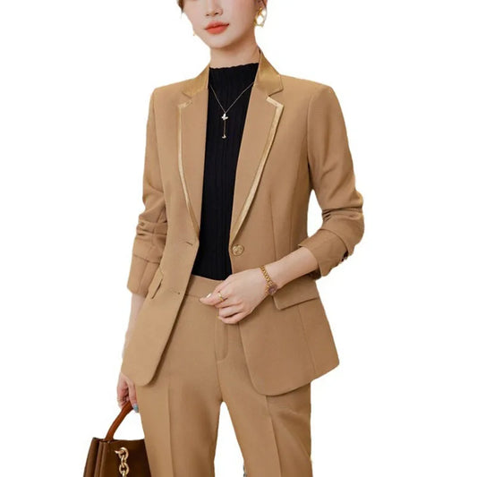 Fashion Ladies Pant Suit Women Yellow Black Blue Khaki Female Business Work Wear Jacket and Trouser Formal 2 Piece Set Blazer