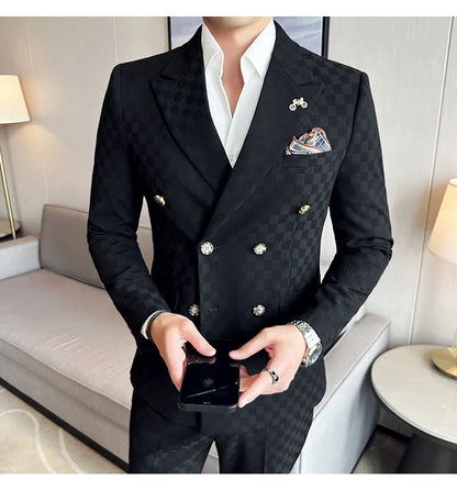 (Jacket+Pants)Luxury Checkered Double Breasted Suit  2 Pieces Fashion Business Slim Fit Social   Formal Suit Evening Dress 5XL-M