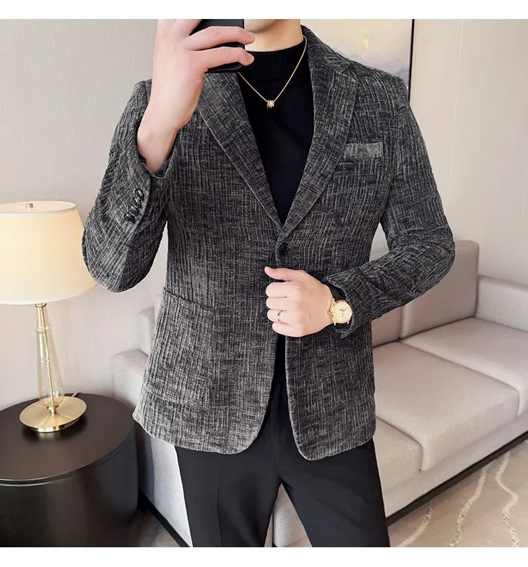 2025 Winter Chenier Thick Suit Jacket for Men Korean Slim Fit Casual Business Men Blazers Wedding Groom Office Social Dress Coat