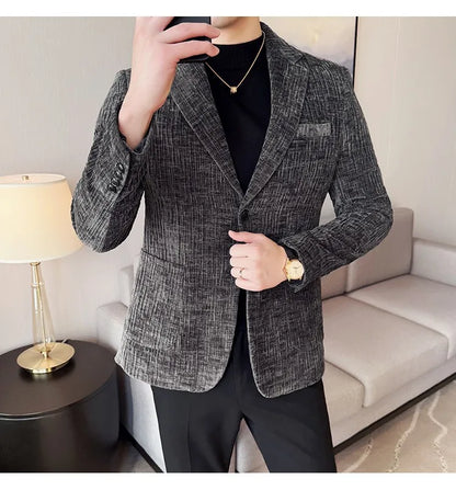 2025 Winter Chenier Thick Suit Jacket for Men Korean Slim Fit Casual Business Men Blazers Wedding Groom Office Social Dress Coat