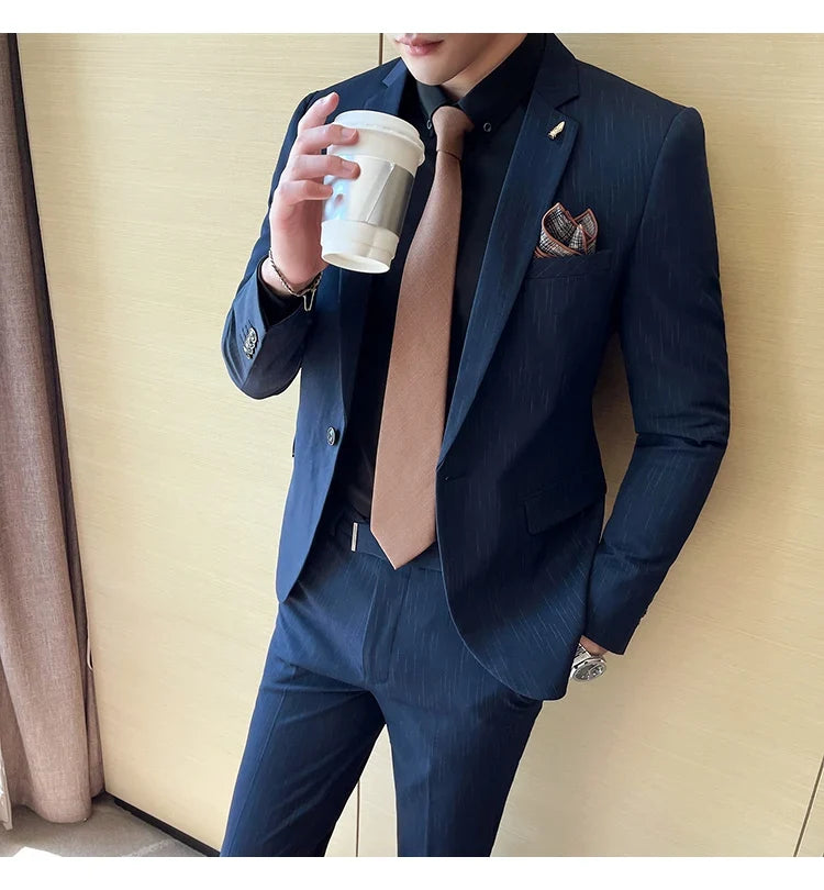 7XL 6XL(Jacket+Pant）Fashion Striped Men Slim Fit Suit Groom Wedding Tuxedo Formal Business Party Slim Fit Social Stage Costume