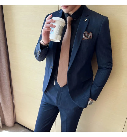 7XL 6XL(Jacket+Pant）Fashion Striped Men Slim Fit Suit Groom Wedding Tuxedo Formal Business Party Slim Fit Social Stage Costume
