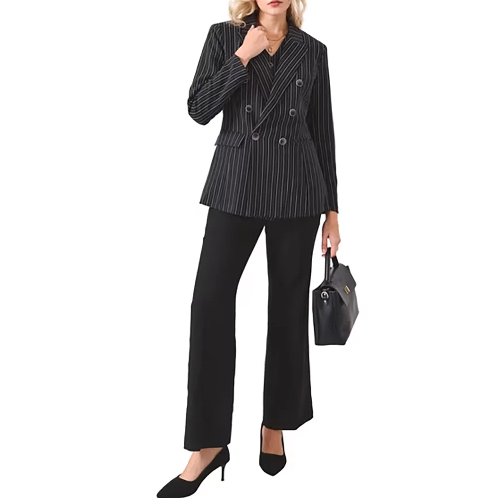 Mature Intellectual Women Black Pinstripe Suit Elegant Double Breasted Blazer Vest Flare Pants Office Business Formal Outfit