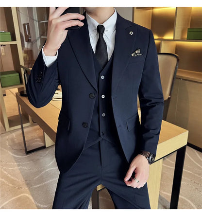Men's 3 Piece Suit Set Double‑Button Solid Color Slim Fit Business Casual Wedding Banquet Party Jacket Vest Pants Formal Outfit