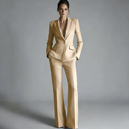 Elegant Women's One-Button Jacket+Pants Suit Set Classic Pink Peaked Lapel 2 Piece Formal Business Wedding Guest Outfit