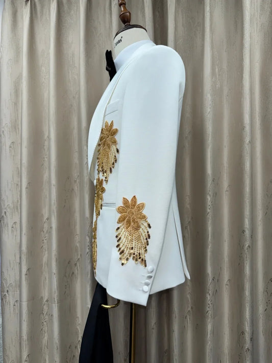 Golden Embroidery Men's Slim Fit Suits 2 Pieces Party Prom Wear Double Breasted Man Tuxedo Host Costumes High Quality Suit Set
