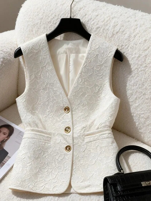 Elegant White Jacquard Waistcoat Vest For Women V‑neck Fit Waist Decorative Sleeveless Blazer Office Commuter Tailored Outerwear