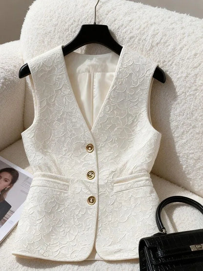 Elegant White Jacquard Waistcoat Vest For Women V‑neck Fit Waist Decorative Sleeveless Blazer Office Commuter Tailored Outerwear