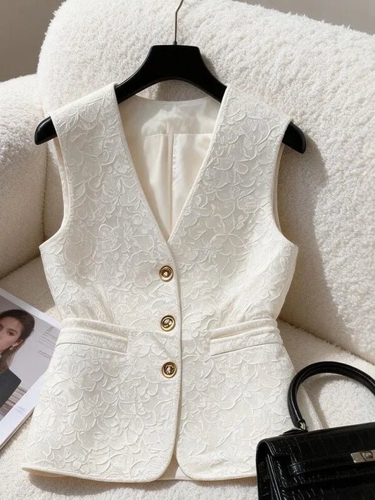 Elegant White Jacquard Waistcoat Vest For Women V‑neck Fit Waist Decorative Sleeveless Blazer Office Commuter Tailored Outerwear