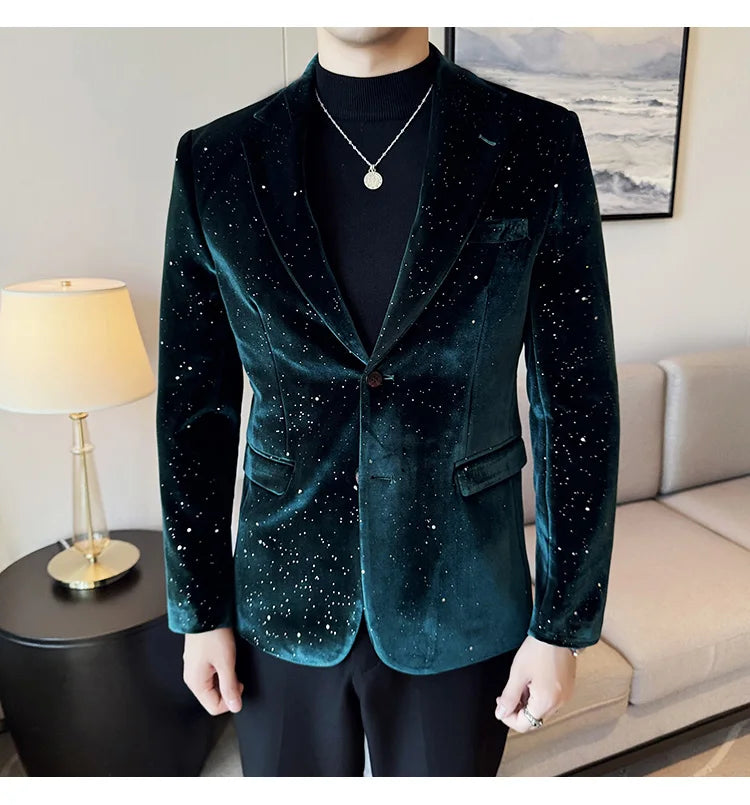 2025 Autumn New Velvet Jacket Men's Blazer Business Fashion Hot Stamping Printed Suit Jacket High-quality Luxury Dress Suit