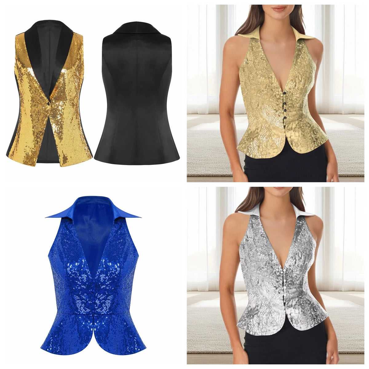 Womens Sequins Vest Fshion Sleeveless Jacket Bling Waistcoats Tops Rave Music Festival Party Nightclub Sparkly Disco Cosutme