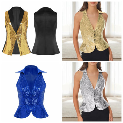 Womens Sequins Vest Fshion Sleeveless Jacket Bling Waistcoats Tops Rave Music Festival Party Nightclub Sparkly Disco Cosutme