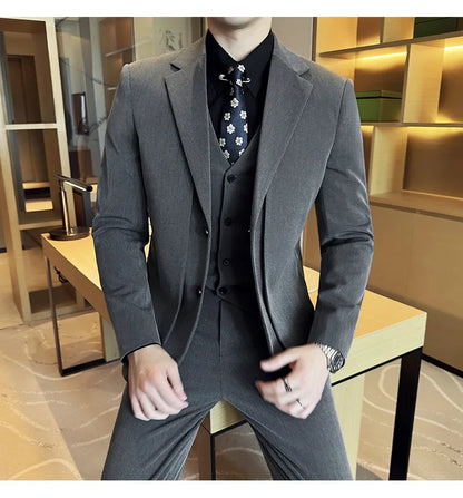 British Style Fake Two-piece Suit Set Men's Wedding Groom Dress 3 Piece Set Suit Vest Trousers Slim Office Business Casual Suits