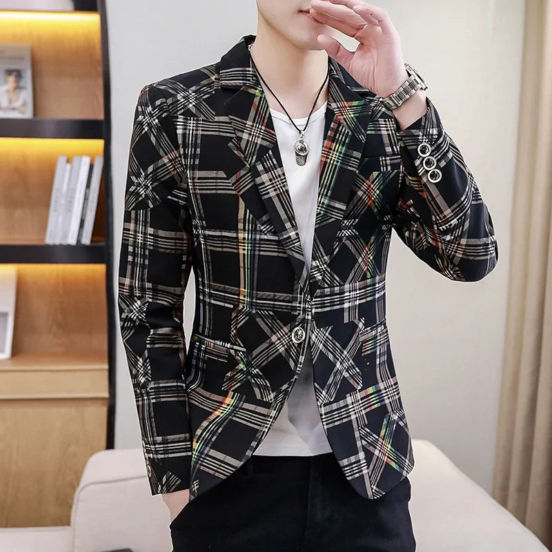 Blazer New Men's Fashion Business Plaid Gentleman Slim Fit Shopping Outdoor Performance Wedding Banquet Casual Blazer