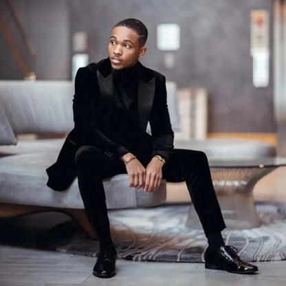Elegant Velvet Men's Suits Slim Fit - Premium Wedding Tuxedo Set (Jacket+Pants) - Black Peaked Lapel Blazer for Groom