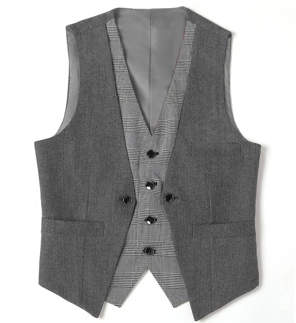 Men's Herringbone Vest – V-Neck Single Breasted Waistcoat for Weddings & Formal Events