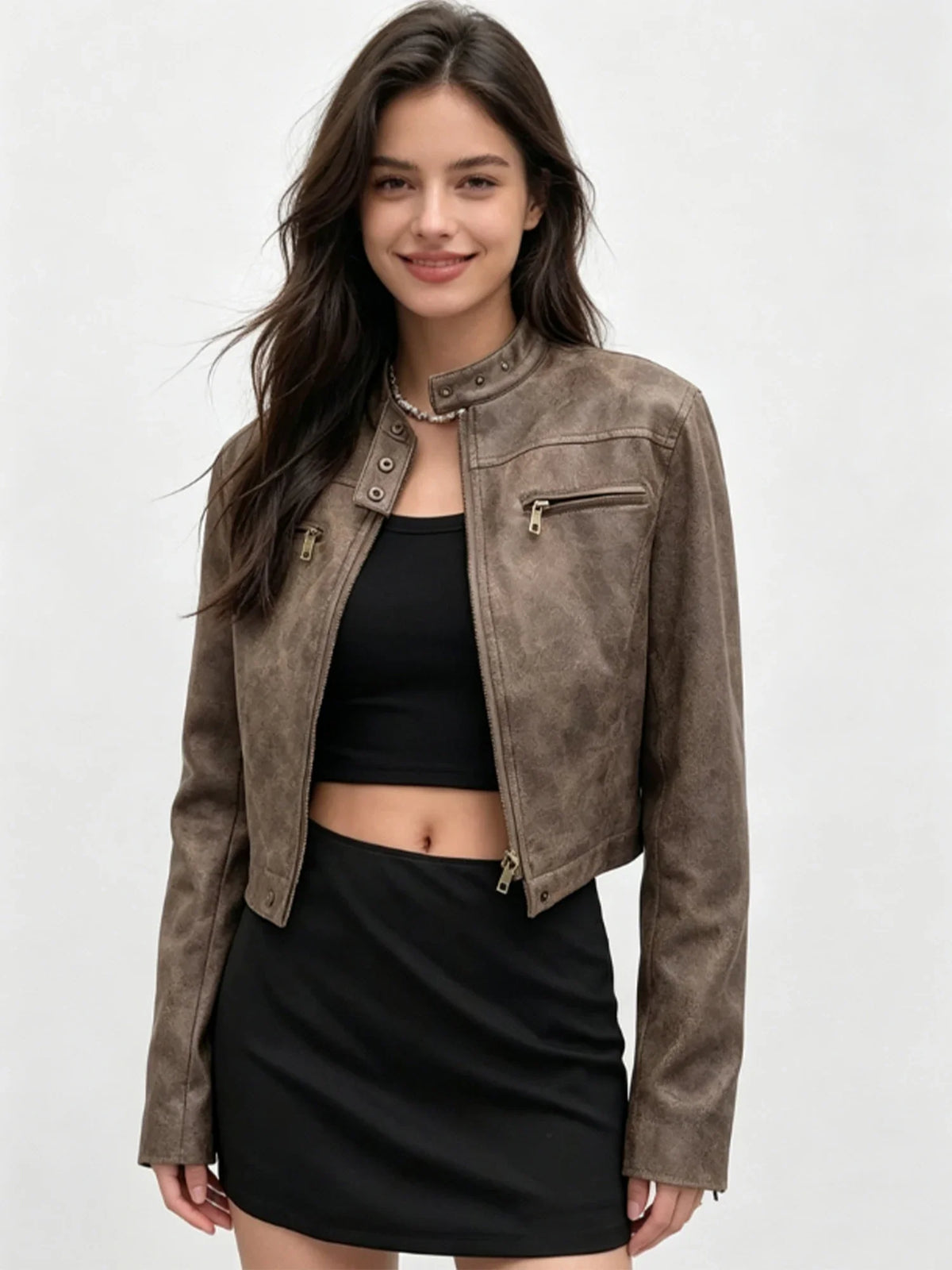 Women's Brown Leather Coat Vintage Y2k Gyaru Fashion Moto Outfit Stand Collar PU Cropped Jacket Top for Women Autumn Winter 2026