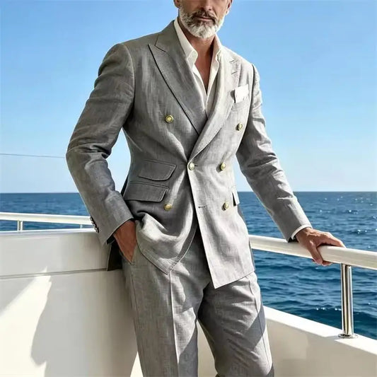 Men's Linen Suit 2 Piece Casual Slim Fit Double Breasted Blazer Jacket Pants Summer Beach Wedding Party Business Daily Wear