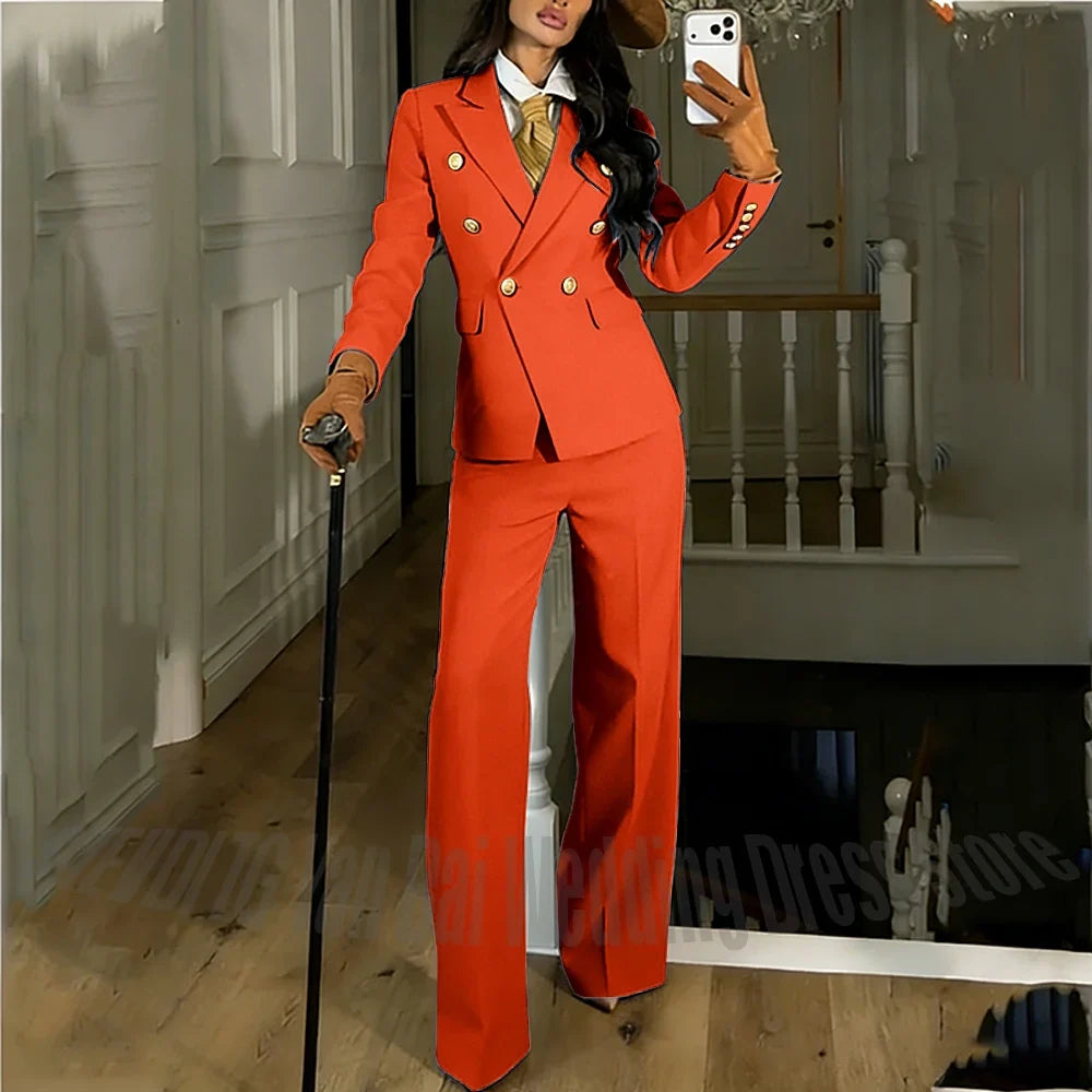 Navy Blue Women's Suit Regular Fitted Customized Peaked Lapel Blazer Professional Outfit(Jacket+Pants) Office Lady Daily Set