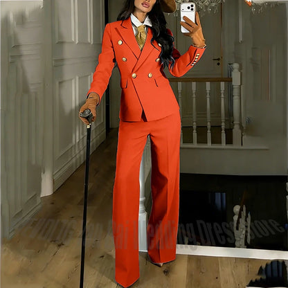 Navy Blue Women's Suit Regular Fitted Customized Peaked Lapel Blazer Professional Outfit(Jacket+Pants) Office Lady Daily Set