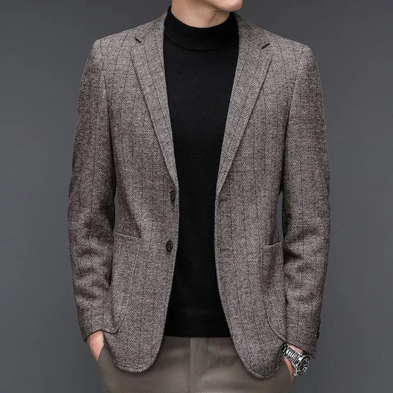 KIDWHXR Man Suit Coat Non-ironing Striped Turn Down Collar Male Outerwear Slim Long Sleeve Pocket Business Casual Men Blazer
