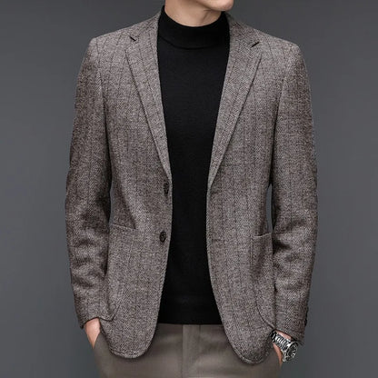 KIDWHXR Man Suit Coat Non-ironing Striped Turn Down Collar Male Outerwear Slim Long Sleeve Pocket Business Casual Men Blazer