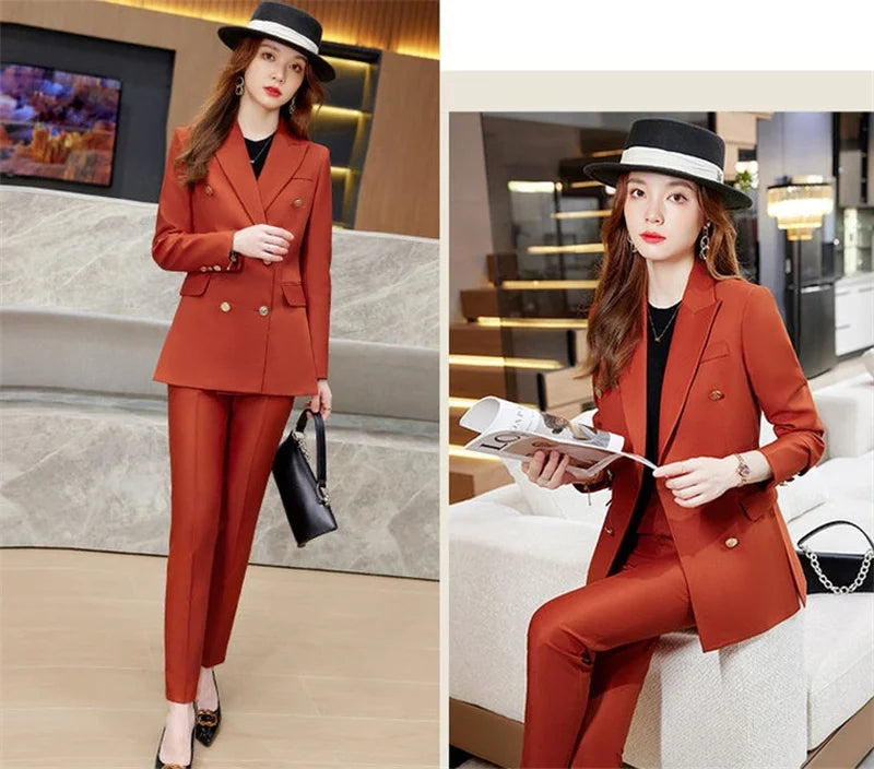 2025 Button Decoration Formal Jacket Blazer and Trouser 2 Piece Set Fashion Pink Green Black Ladies Work Wear Pant Suit Women