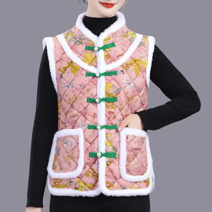 Middle-aged Mother Add Velvet Warm Vest Coat Autumn Winter New Printed Fleece Sleeveless Jacket Grandma Thicken Warm Waistcoat