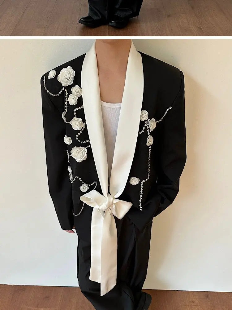 2026 Spring New Fashion Elegant Temperament Ribbon Decorate Blazer Coat Men's Handsome Luxury Casual Male Clothes JY5386