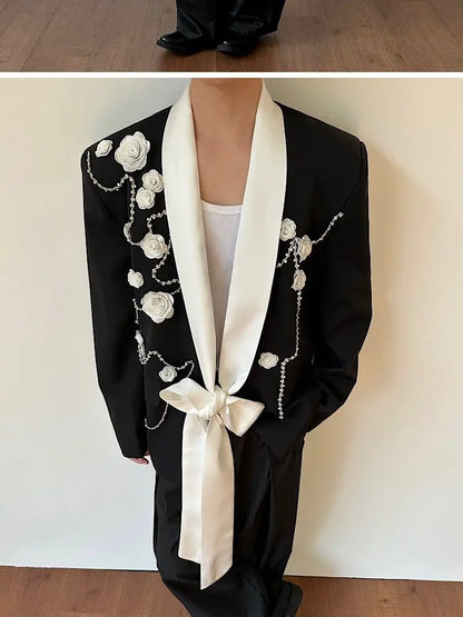 2026 Spring New Fashion Elegant Temperament Ribbon Decorate Blazer Coat Men's Handsome Luxury Casual Male Clothes JY5386