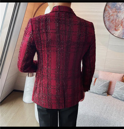 British Style Woven Suit Jacket Men Fashion Plaid Casual Business Blazer Gentleman Versatile Banquet Party Groom Wedding Coats