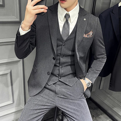 Men's 3 Piece Suit Set Double‑Button Slim Fit Solid Color Business Casual Wedding Party Jacket Vest Pants Formal Outfit for Men