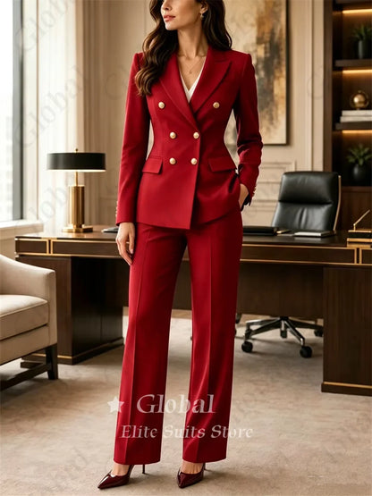 Office Lady Burgundy Women 2 Piece Pant Set Suit Double Breasted Gold Button Fitted Blazer Pants Office Business Prom Customized