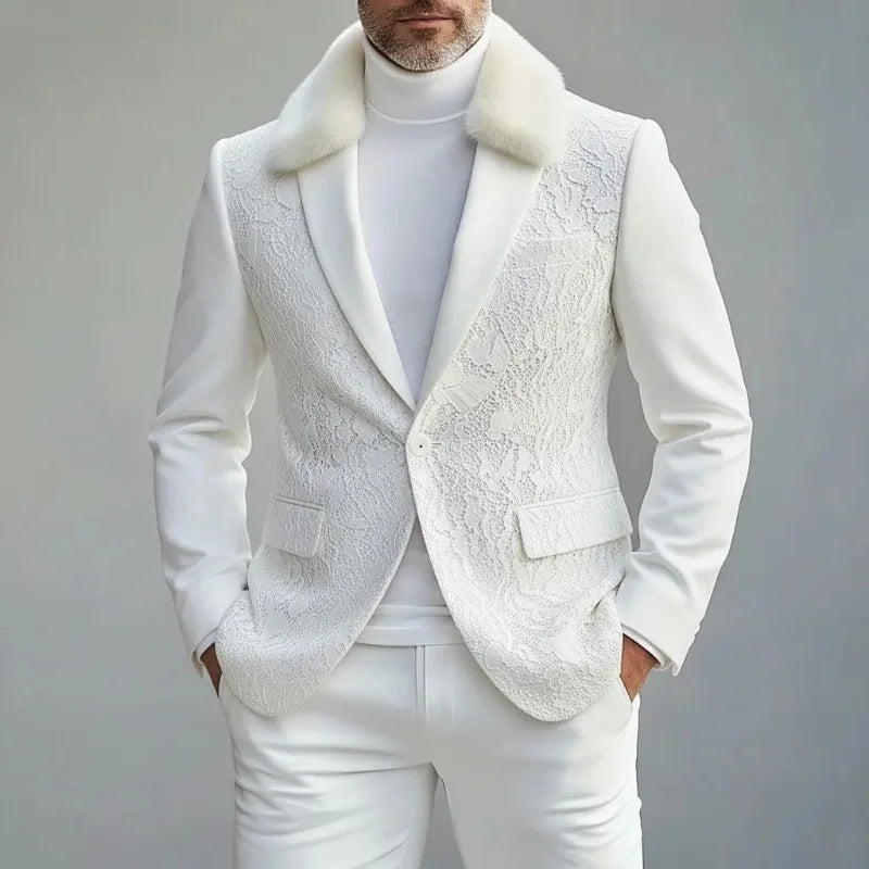 Men's Slim Fit One Button Blazer White Lace Furry Collar Lapel One Button Long Sleeve  Formal Suit Jacket Wedding Party Winter