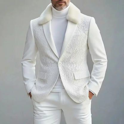 Men's Slim Fit One Button Blazer White Lace Furry Collar Lapel One Button Long Sleeve  Formal Suit Jacket Wedding Party Winter