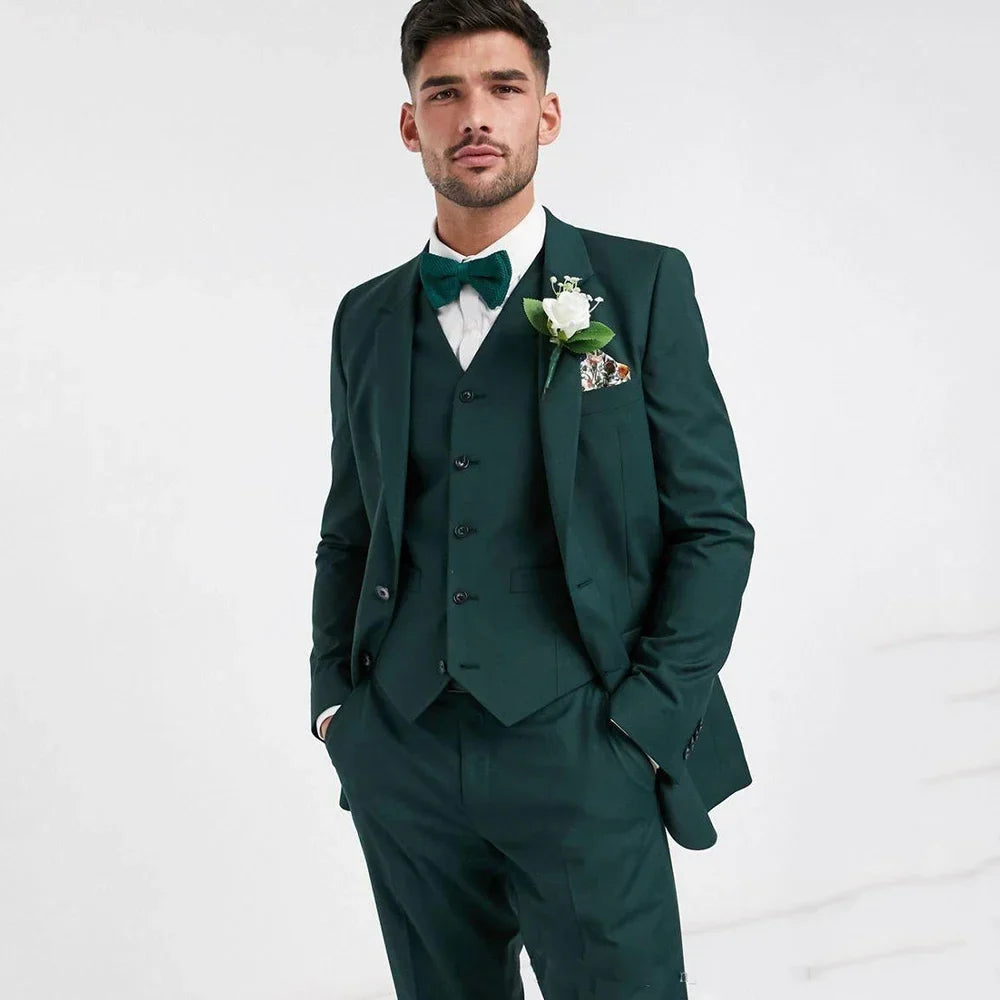 Custom Made Two Button Dark Green Groom Tuxedos Groomsmen Slim Fit Mens Wedding Blazer Suits (Jacket+Pants+Vest) Costume Homme