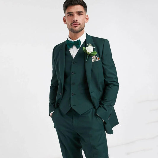 Custom Made Two Button Dark Green Groom Tuxedos Groomsmen Slim Fit Mens Wedding Blazer Suits (Jacket+Pants+Vest) Costume Homme