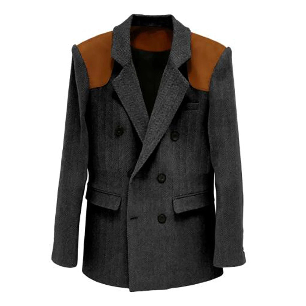 Men's Vintage Herringbone Blazer Contrast Shoulder Patches Double Breasted Wool Blend Suit Jacket Slim Fit Casual Business Coat