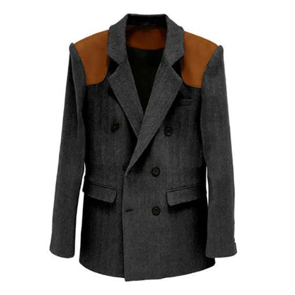 Men's Vintage Herringbone Blazer Contrast Shoulder Patches Double Breasted Wool Blend Suit Jacket Slim Fit Casual Business Coat