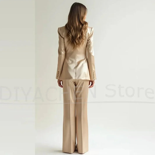 New Women's Champagne Satin Suit Set Elegant One Button Office Casual Outfit Two Piece Party Evening Luxury Shiny Suits