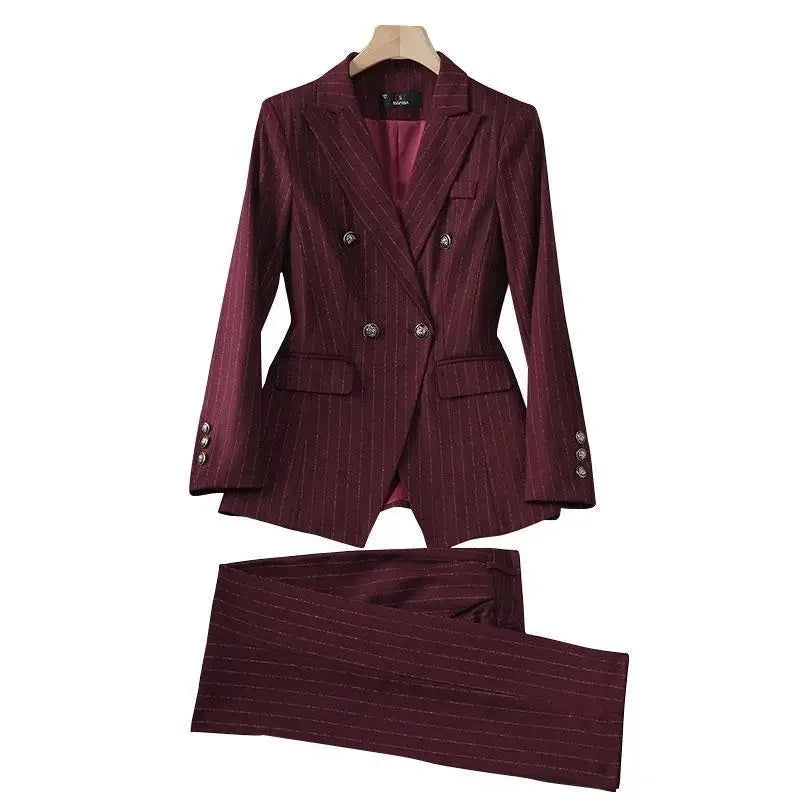 Fashion Autumn Winter Ladies Pant Suit Women Blue Striped Female Business Work Wear Jacket Blazer and Trouser Formal 2 Piece Set