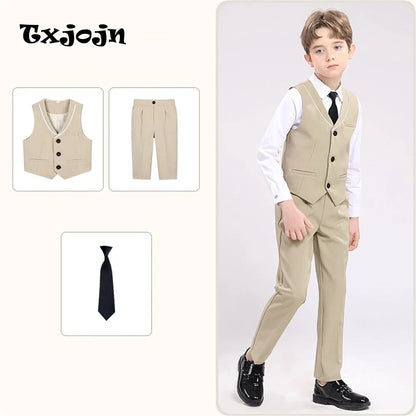 Kids Formal Vest Pants Set Summer Wedding Guest Outfit for Children 90-170cm Single Breasted Vestcoat Trousers Tie Sets