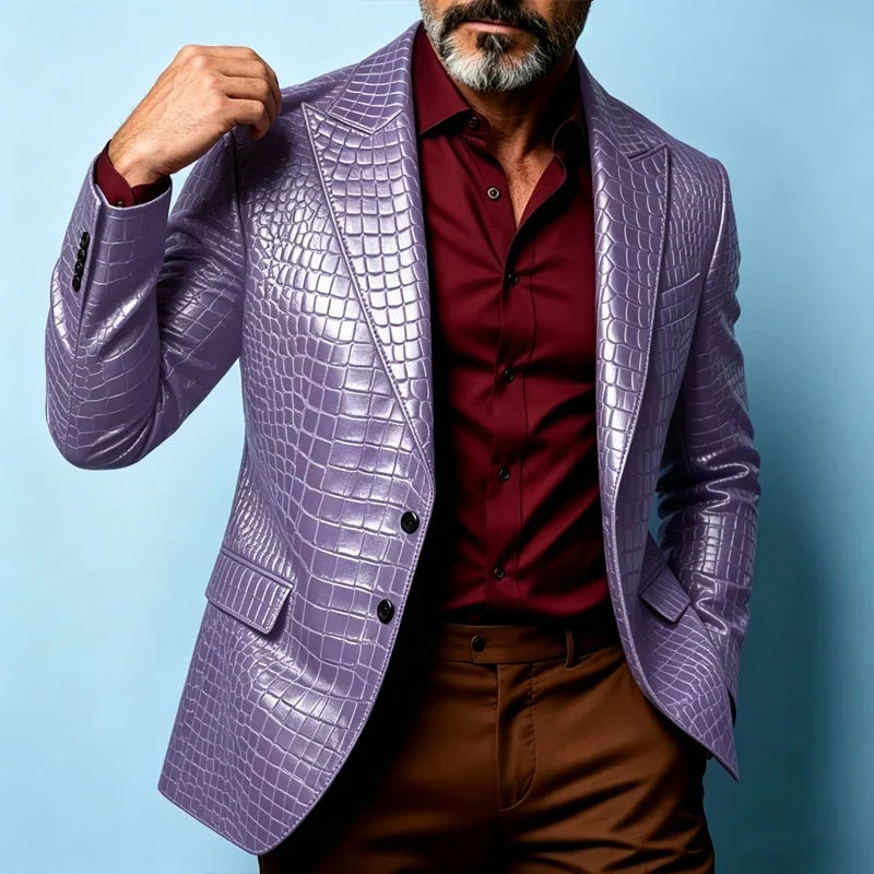 Luxury Men's Crocodile Pattern PU Leather Blazer Notch Lapel Single-Breasted 2 Button Slim Fit Jacket Business Casual for Man