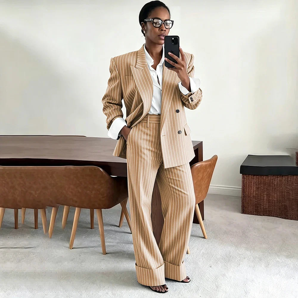 Neutral Gray Pinstripe Oversized Matching Sets Double Breasted Women's Suit Casual Formal 2-Piece(Jacket+Pants) Office Set